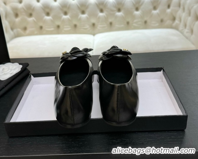 Classic Hot Chanel Shiny Calfskin Ballet flats with Camellia Bloom Black 2025 G46520