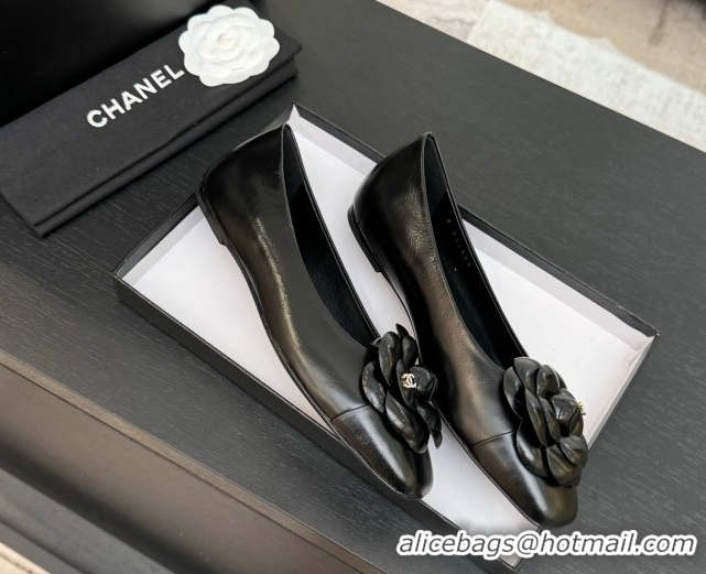 Classic Hot Chanel Shiny Calfskin Ballet flats with Camellia Bloom Black 2025 G46520