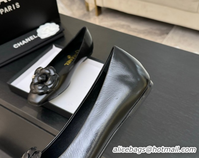 Classic Hot Chanel Shiny Calfskin Ballet flats with Camellia Bloom Black 2025 G46520