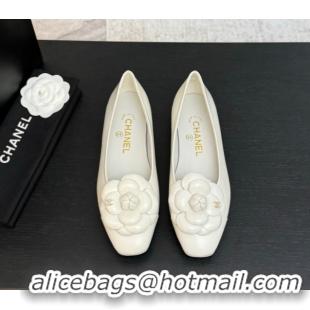 Buy Discount Chanel Shiny Calfskin Ballet flats with Camellia Bloom White 2025 G46520