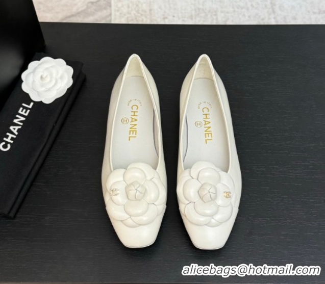 Buy Discount Chanel Shiny Calfskin Ballet flats with Camellia Bloom White 2025 G46520