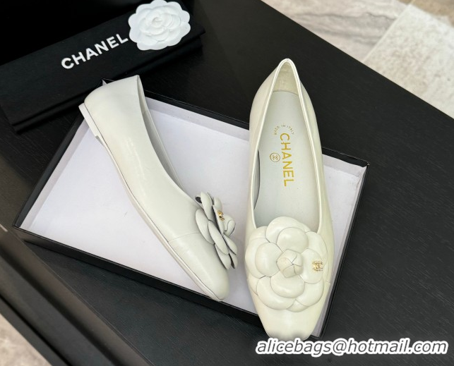 Buy Discount Chanel Shiny Calfskin Ballet flats with Camellia Bloom White 2025 G46520