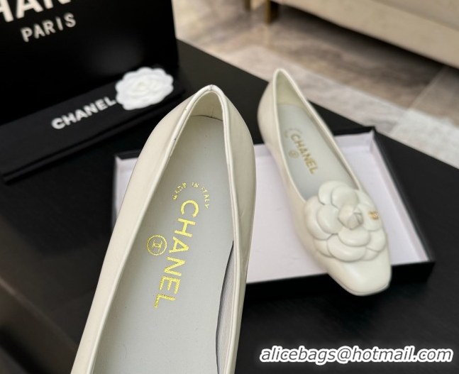 Buy Discount Chanel Shiny Calfskin Ballet flats with Camellia Bloom White 2025 G46520