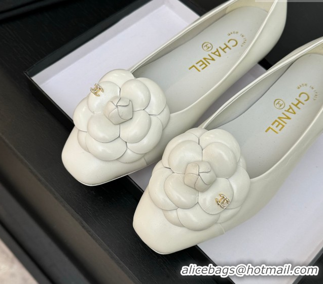 Buy Discount Chanel Shiny Calfskin Ballet flats with Camellia Bloom White 2025 G46520