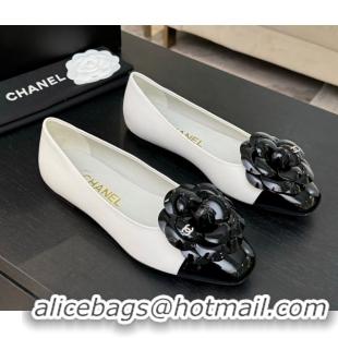 Good Quality Chanel Lambskin & Patent Calfskin Ballet flats with Camellia Bloom White 2025 G46520
