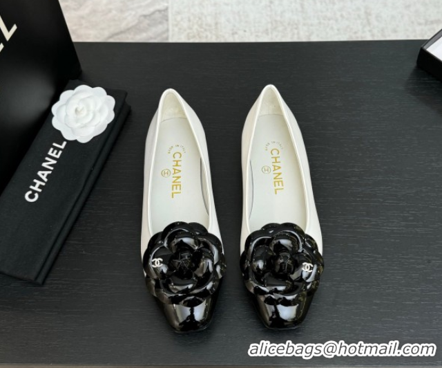 Good Quality Chanel Lambskin & Patent Calfskin Ballet flats with Camellia Bloom White 2025 G46520