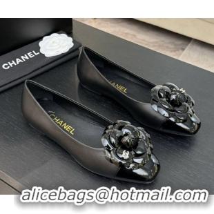 Unique Style Chanel Lambskin & Patent Calfskin Ballet flats with Camellia Bloom Black 2025 G46520