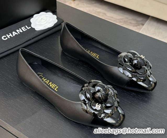 Unique Style Chanel Lambskin & Patent Calfskin Ballet flats with Camellia Bloom Black 2025 G46520