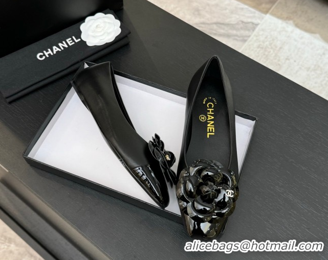 Unique Style Chanel Lambskin & Patent Calfskin Ballet flats with Camellia Bloom Black 2025 G46520