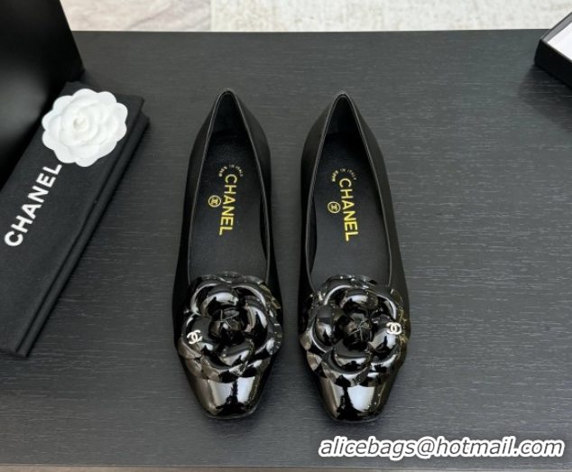 Unique Style Chanel Lambskin & Patent Calfskin Ballet flats with Camellia Bloom Black 2025 G46520