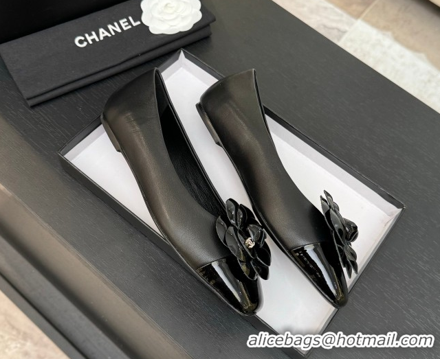 Unique Style Chanel Lambskin & Patent Calfskin Ballet flats with Camellia Bloom Black 2025 G46520