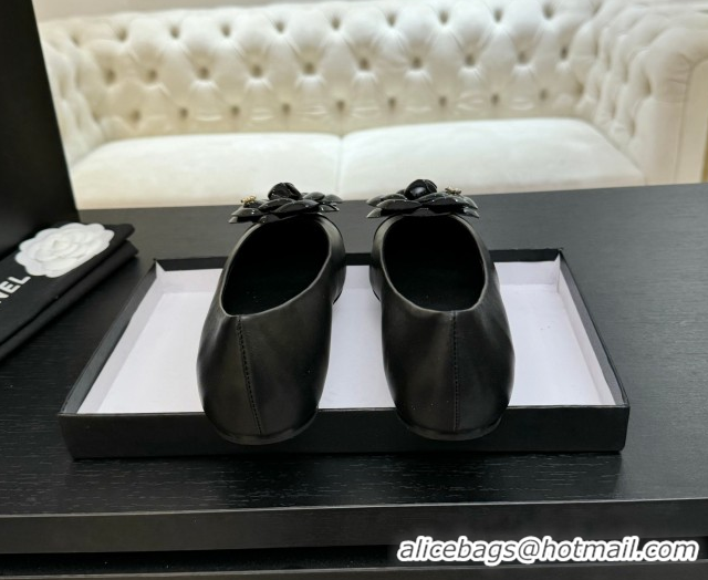 Unique Style Chanel Lambskin & Patent Calfskin Ballet flats with Camellia Bloom Black 2025 G46520