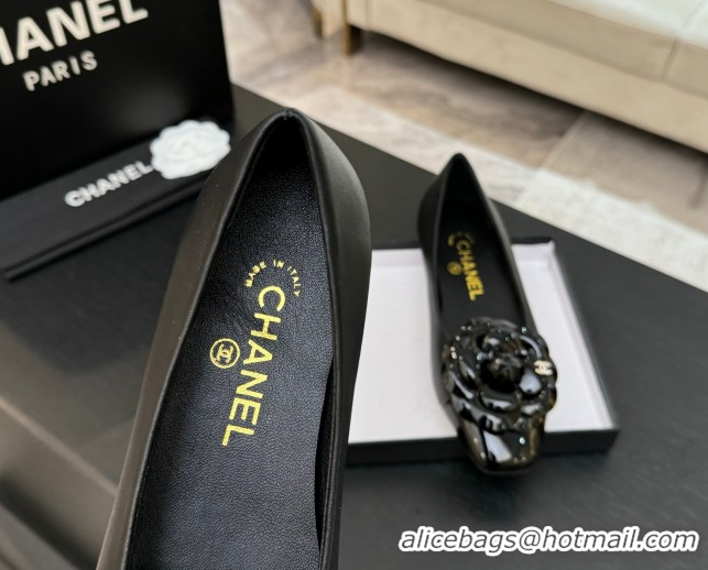 Unique Style Chanel Lambskin & Patent Calfskin Ballet flats with Camellia Bloom Black 2025 G46520