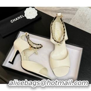 Classic Hot Chanel Lambskin Heel Sandals 8cm with Chain and Pearls White G46658