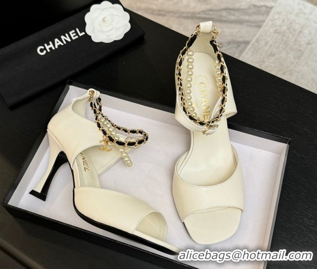 Classic Hot Chanel Lambskin Heel Sandals 8cm with Chain and Pearls White G46658