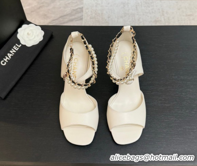 Classic Hot Chanel Lambskin Heel Sandals 8cm with Chain and Pearls White G46658