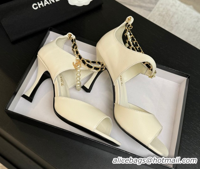 Classic Hot Chanel Lambskin Heel Sandals 8cm with Chain and Pearls White G46658