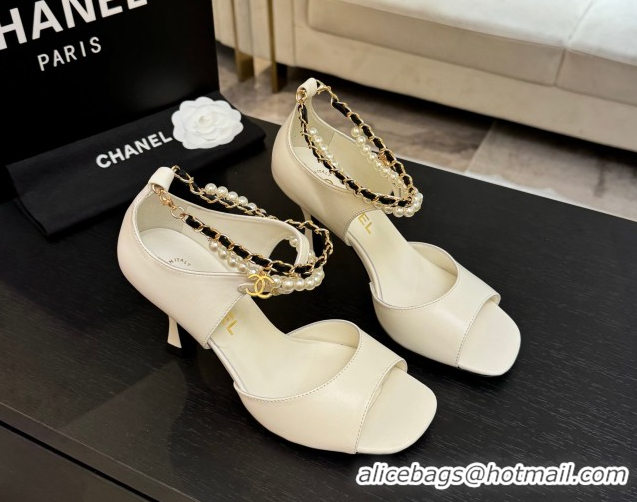 Classic Hot Chanel Lambskin Heel Sandals 8cm with Chain and Pearls White G46658
