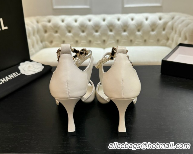 Classic Hot Chanel Lambskin Heel Sandals 8cm with Chain and Pearls White G46658