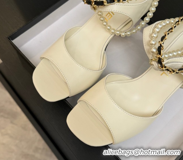 Classic Hot Chanel Lambskin Heel Sandals 8cm with Chain and Pearls White G46658