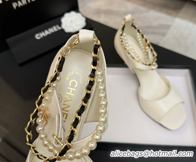 Classic Hot Chanel Lambskin Heel Sandals 8cm with Chain and Pearls White G46658
