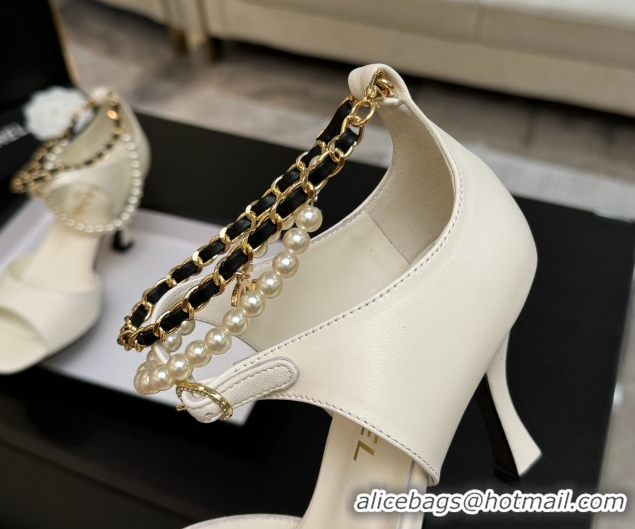 Classic Hot Chanel Lambskin Heel Sandals 8cm with Chain and Pearls White G46658