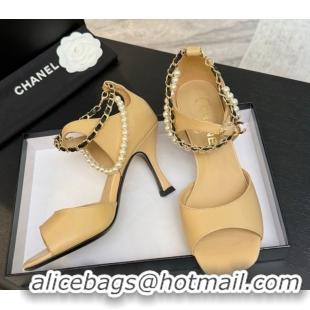 Pretty Style Chanel Lambskin Heel Sandals 8cm with Chain and Pearls Beige G46658