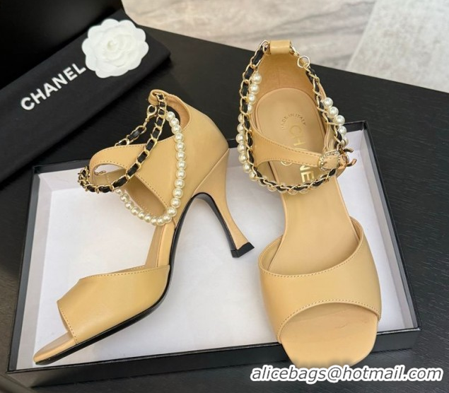 Pretty Style Chanel Lambskin Heel Sandals 8cm with Chain and Pearls Beige G46658