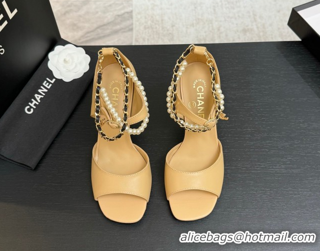 Pretty Style Chanel Lambskin Heel Sandals 8cm with Chain and Pearls Beige G46658