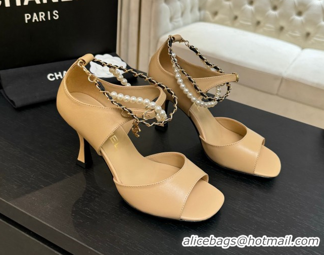 Pretty Style Chanel Lambskin Heel Sandals 8cm with Chain and Pearls Beige G46658