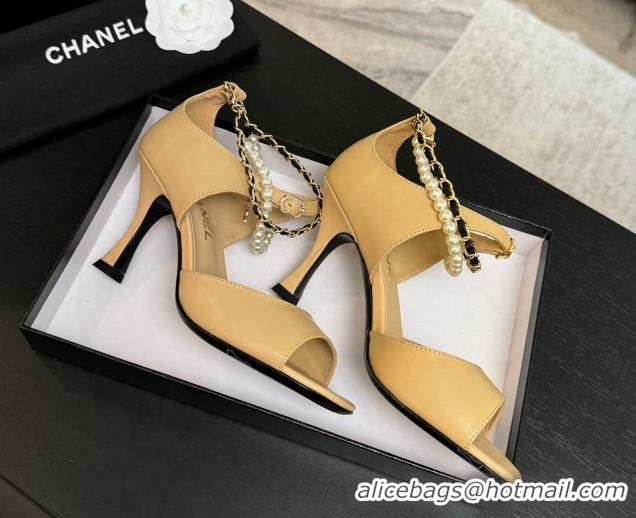 Pretty Style Chanel Lambskin Heel Sandals 8cm with Chain and Pearls Beige G46658
