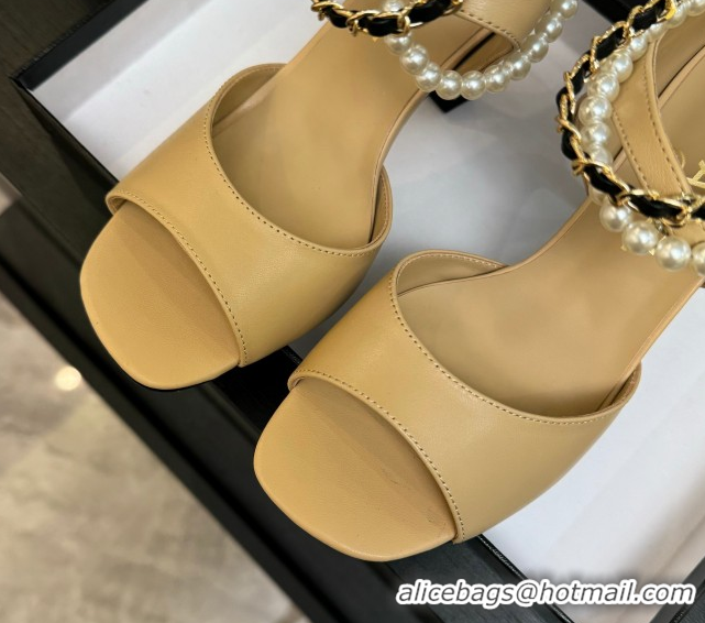 Pretty Style Chanel Lambskin Heel Sandals 8cm with Chain and Pearls Beige G46658