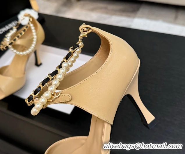 Pretty Style Chanel Lambskin Heel Sandals 8cm with Chain and Pearls Beige G46658