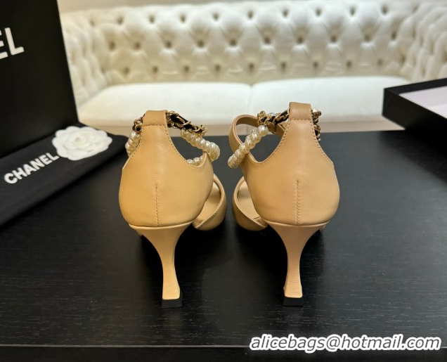 Pretty Style Chanel Lambskin Heel Sandals 8cm with Chain and Pearls Beige G46658