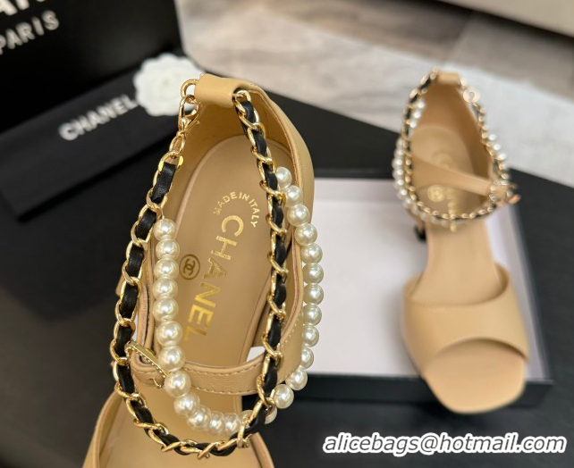 Pretty Style Chanel Lambskin Heel Sandals 8cm with Chain and Pearls Beige G46658
