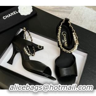 Grade Quality Chanel Lambskin Heel Sandals 8cm with Chain and Pearls Black 2025 G46658