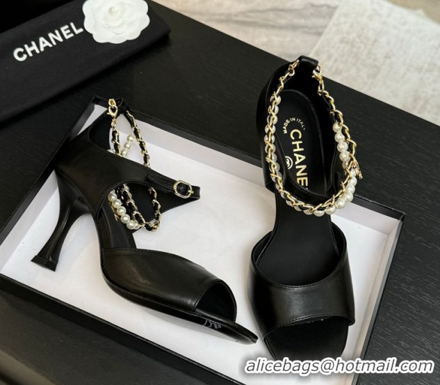 Grade Quality Chanel Lambskin Heel Sandals 8cm with Chain and Pearls Black 2025 G46658