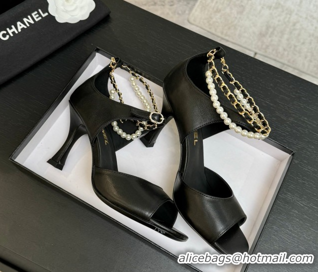 Grade Quality Chanel Lambskin Heel Sandals 8cm with Chain and Pearls Black 2025 G46658