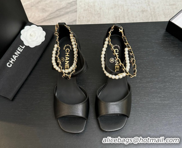 Grade Quality Chanel Lambskin Heel Sandals 8cm with Chain and Pearls Black 2025 G46658