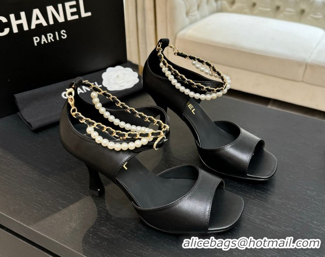 Grade Quality Chanel Lambskin Heel Sandals 8cm with Chain and Pearls Black 2025 G46658