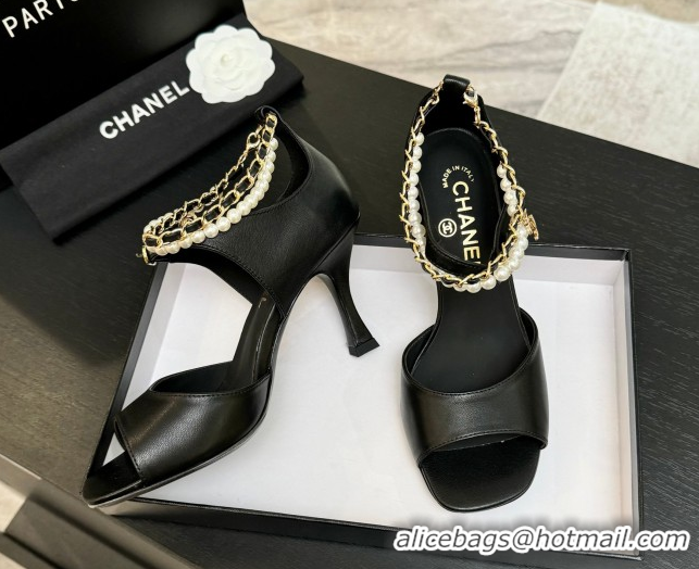 Grade Quality Chanel Lambskin Heel Sandals 8cm with Chain and Pearls Black 2025 G46658