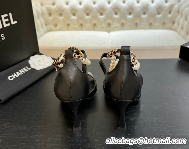 Grade Quality Chanel Lambskin Heel Sandals 8cm with Chain and Pearls Black 2025 G46658