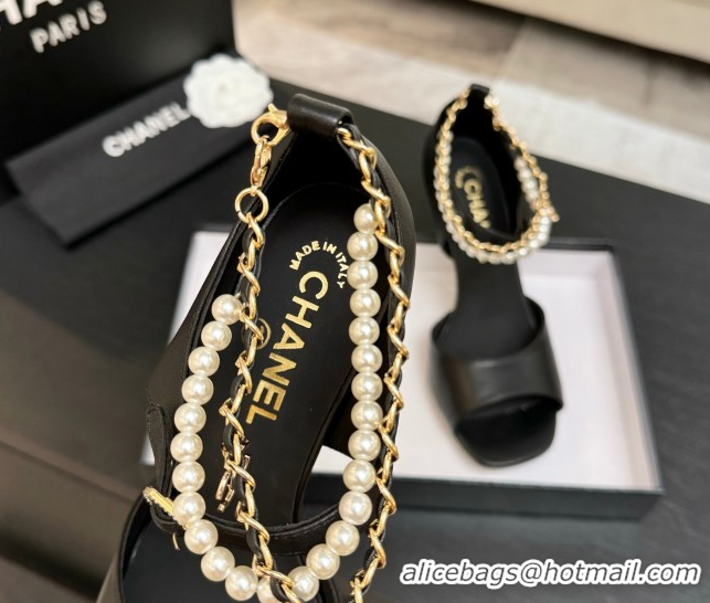 Grade Quality Chanel Lambskin Heel Sandals 8cm with Chain and Pearls Black 2025 G46658