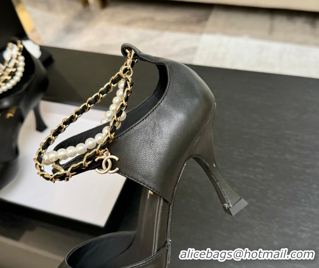 Grade Quality Chanel Lambskin Heel Sandals 8cm with Chain and Pearls Black 2025 G46658