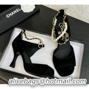 Best Grade Chanel Suede Heel Sandals 8cm with Chain and Pearls Black 2025 G46658