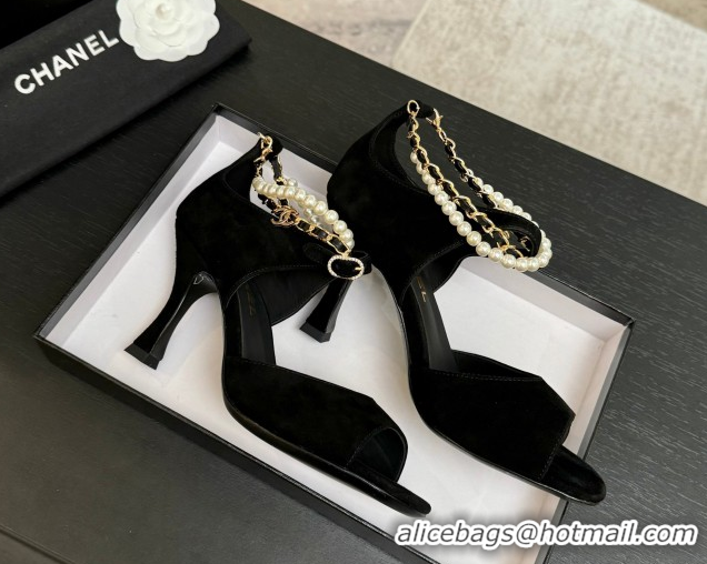 Best Grade Chanel Suede Heel Sandals 8cm with Chain and Pearls Black 2025 G46658