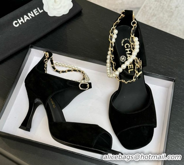 Best Grade Chanel Suede Heel Sandals 8cm with Chain and Pearls Black 2025 G46658