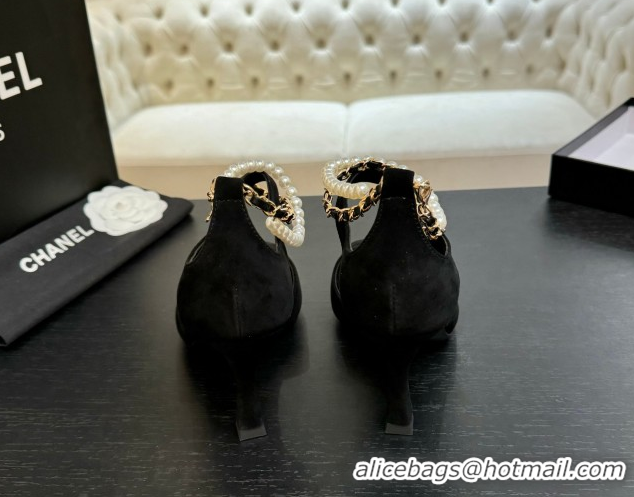 Best Grade Chanel Suede Heel Sandals 8cm with Chain and Pearls Black 2025 G46658