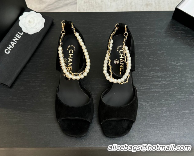 Best Grade Chanel Suede Heel Sandals 8cm with Chain and Pearls Black 2025 G46658