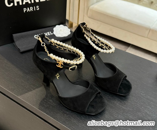 Best Grade Chanel Suede Heel Sandals 8cm with Chain and Pearls Black 2025 G46658